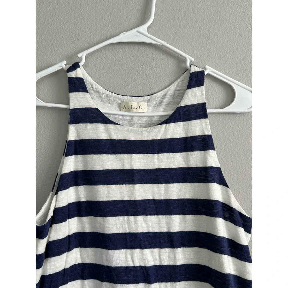 ALC Linen Shift Dress Striped Navy White Sleeveless Coastal Chic quiet luxury